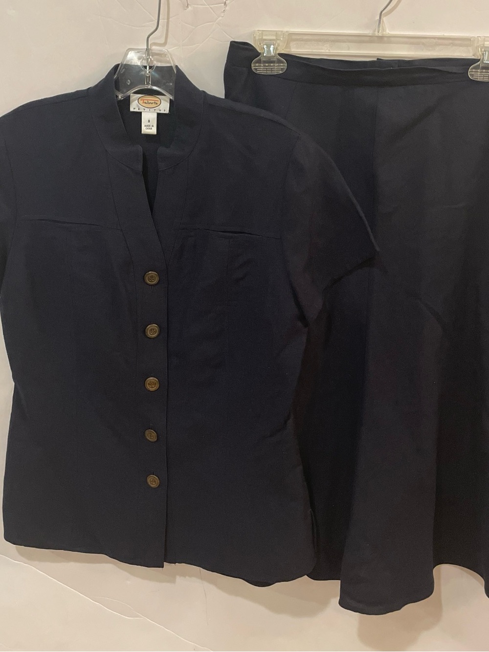 Talbots Petites Navy Linen Rayon 2 Piece Skirt Set Short Sleeve Top Size 8